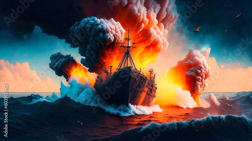 Ship on ocean exploding, Generative AI