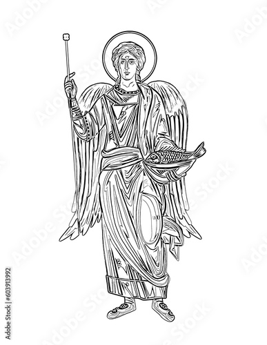 Raphael archangel. God who heals. Healing of Tobit with the fish's gall. Illustration in Byzantine style. Coloring page on white background