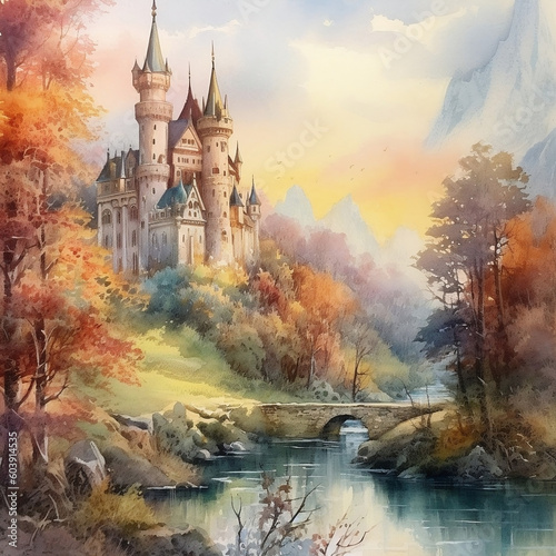 Old castle and autumn scenery Generative AI