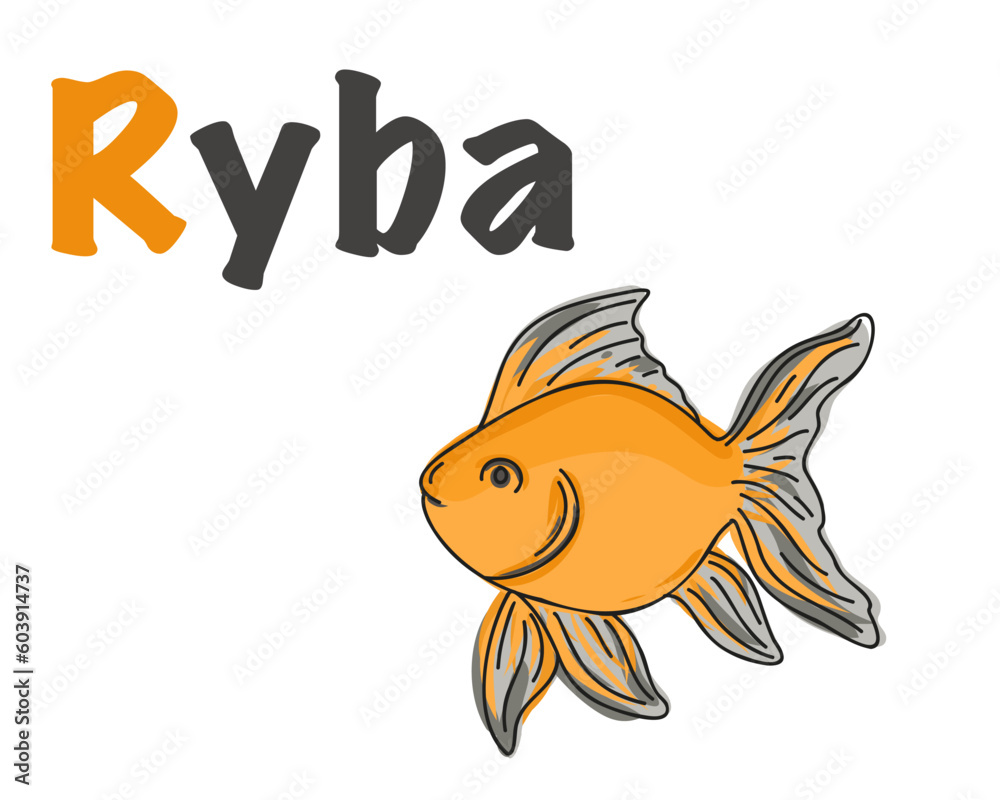 Polish alphabet with a picture of a fish. Translation from Polish fish