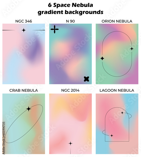 6 Space nebula, vector colorfu gradient background set, A4 size. Abstract backgrounds with frame.