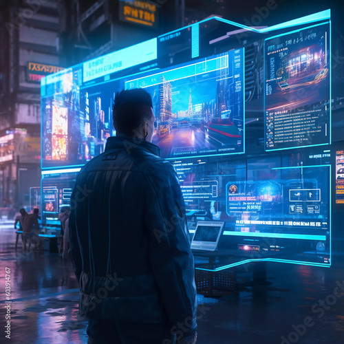 Digital graphics Futuristic 3D Concept, Big Data Center Chief Technology Officer Using Laptop Standing In Warehouse, Information Digitalization Lines, technology and data, Generative AI.