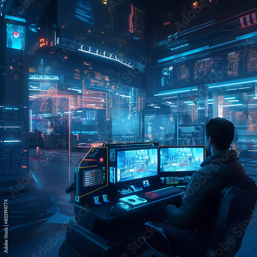 Digital graphics Futuristic 3D Concept, Big Data Center Chief Technology Officer Using Laptop Standing In Warehouse, Information Digitalization Lines, technology and data, Generative AI.