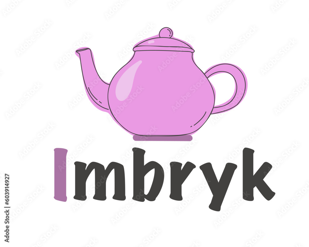 Polish alphabet with a picture of a teapot. Translation from Polish: kettle. vector cartoon hand drawn illustration Polish alphabet with a picture of a teapot. Translation from Polish: kettle. vector cartoon hand drawn illustration