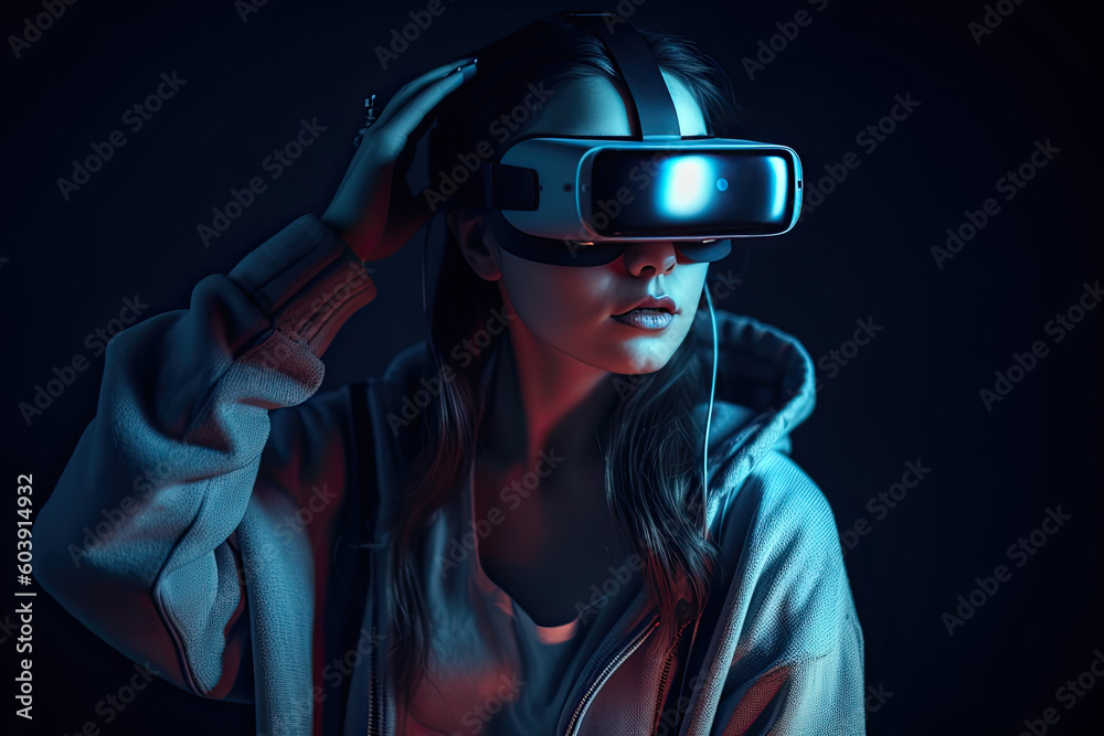Woman wearing futuristic VR headset, Virtual reality alternate reality metaverse, Generative AI Woman wearing futuristic VR headset, Virtual reality alternate reality metaverse, Generative AI