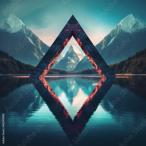 Abstract neon background with geometric triangle shape, Beautiful frame and extraterrestrial landscape under the night sky and Rocks. Futuristic minimalist wallpaper. Created with Generative AI.