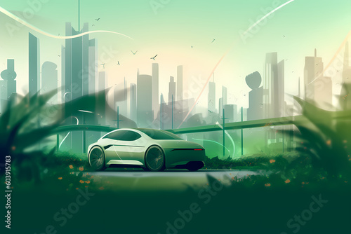 Electric car with green city in the background - Generative AI