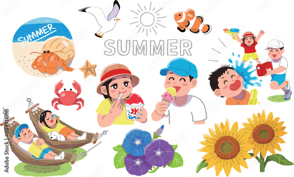 Fototapeta premium 夏休みを満喫する男の子女の子（子供）のイラストセット