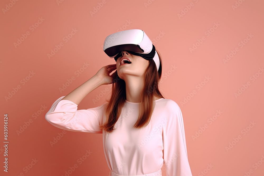 Female model using white VR headset, virtual reality augmented reality metaverse, Generative AI Female model using white VR headset, virtual reality augmented reality metaverse, Generative AI