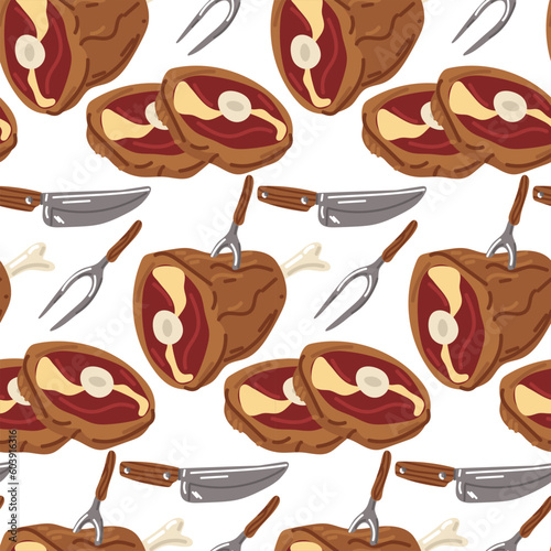 Beef steaks, beef leg, slicing, baked pork tenderloin, knife, fork in cartoon style with seamless pattern for grill menu or food packaging design on white background. Oktoberfest theme