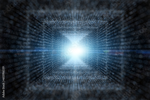 Fototapeta Naklejka Na Ścianę i Meble -  Futuristic dotted tunnel corridor with glowing light. Concept digital technology and science copy space illustration.