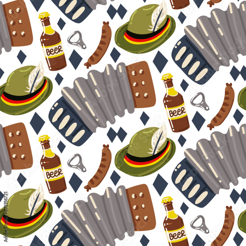 Oktoberfest pattern German beer national holiday decorative banner with isometric design vector illustration. October malt, carnival hat, beer, bottle opener, sausage, accordion accordion. Printing