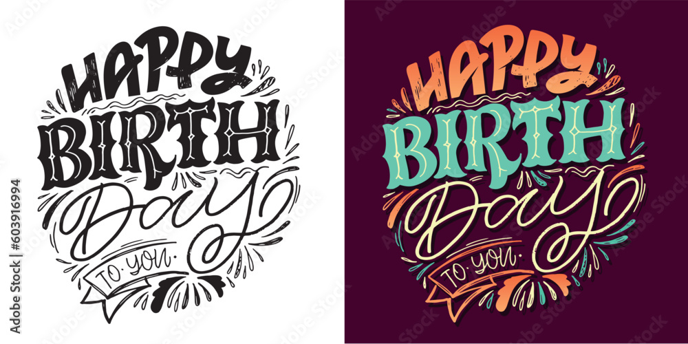 Happy birthday label. Cute hand drawn doodle lettering postcard. Lettering for t-shirt design, mug print, invitation.