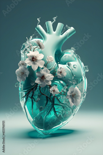 3d anatomical human heart with venous system. Transplant concept. Crystal cyan cardiac organ. Symbol of love, spring flowers. Image is generated with the use of an AI. Creative graphic.