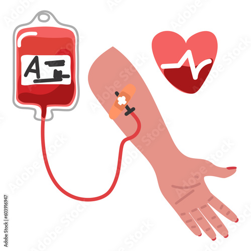 Venous blood collection kit. Transfusion of venous blood from a package for the patient. Hand-drawn vector illustration. A simple color collection. Blood bag, female hand, transfusion, filling heart