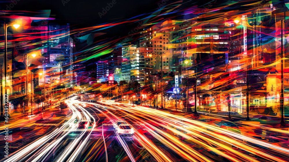 都会の光跡のイラスト背景　Generative AI
