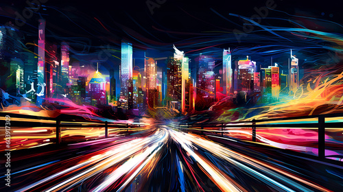 都会の光跡のイラスト背景　Generative AI photo