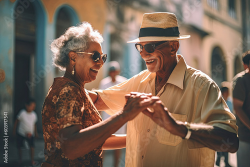 Elderly couple dancing in the street. AI generative photo