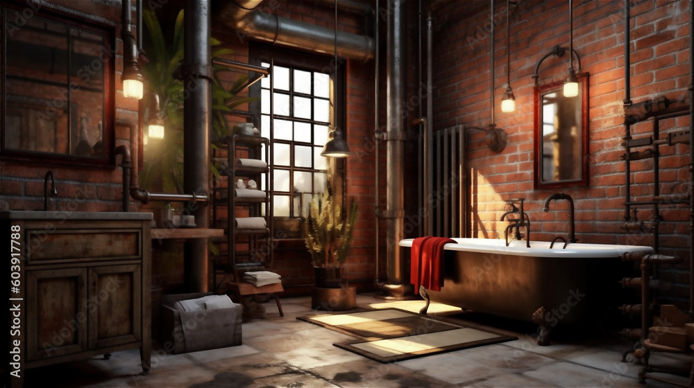 Generative AI, Rustic Industrial Bathroom Design Generative AI, Rustic Industrial Bathroom Design