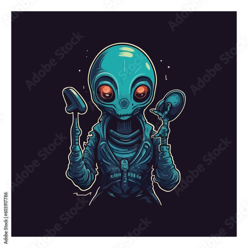Unique alien mascot character for sci-fi podcast.