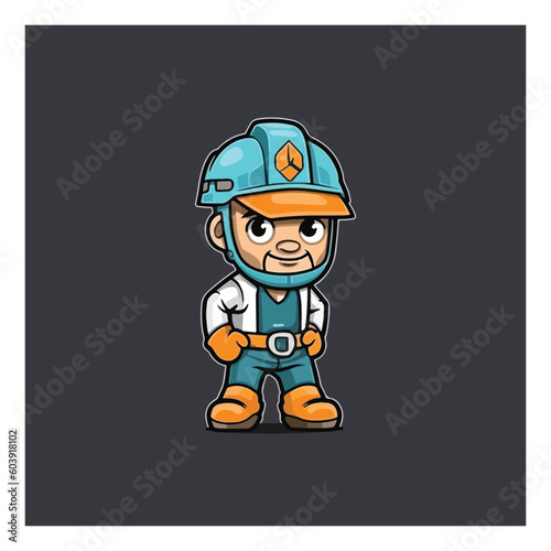 Mascot logo for a construction company with a mascot in the form of a character carrying work clothes and a helmet.