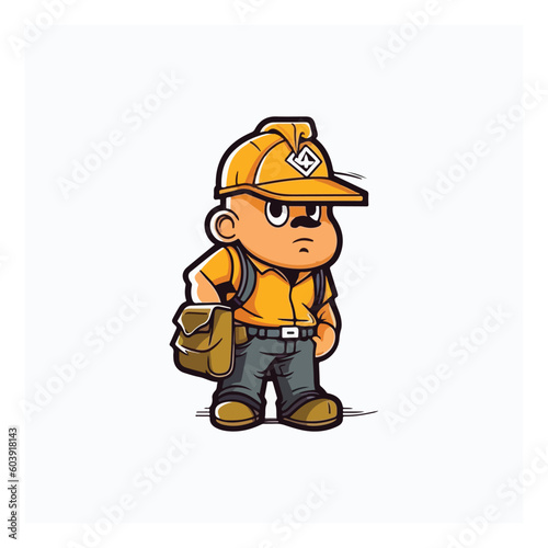Mascot logo for a construction company with a mascot in the form of a character carrying work clothes and a helmet.