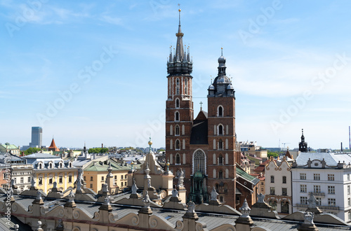 St. Mary's Basilica in Krakow, Poland. Aerial view of Main Market Square in the Old Town district of Cracow. Bazylika Mariacka or Kościół Mariacki Church Kraków. photo