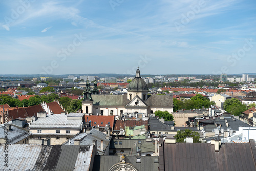 Aerial view of Kraków, Poland. Tenement houses of old town center district, with the view of Church of St. Anne Cracow. University Collegiate Catholic church of Saint Anne in Krakow.