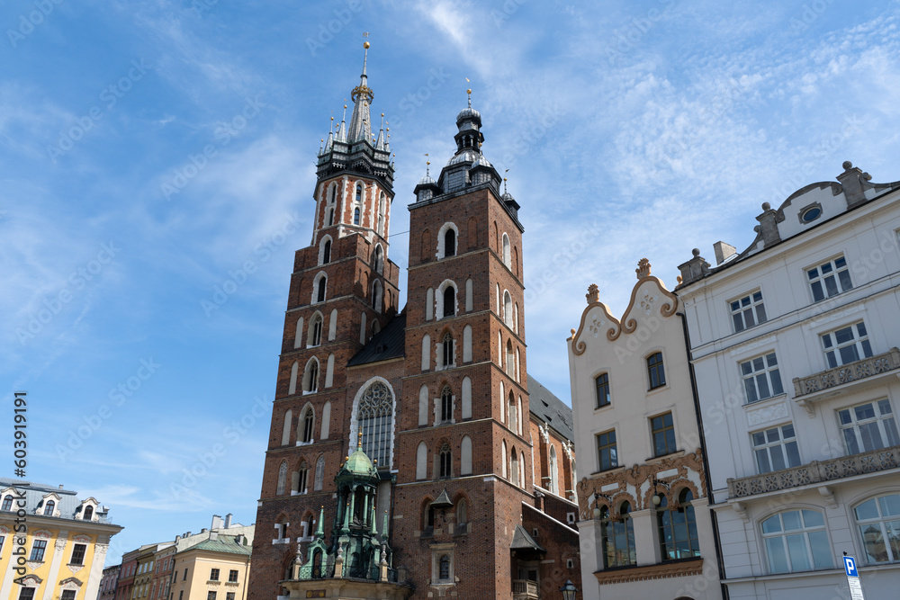 St. Mary's Basilica at the Main Market Square in the Old Town district of Krakow, Poland. Bazylika Mariacka Kraków, Kościół Mariacki church in Cracow.