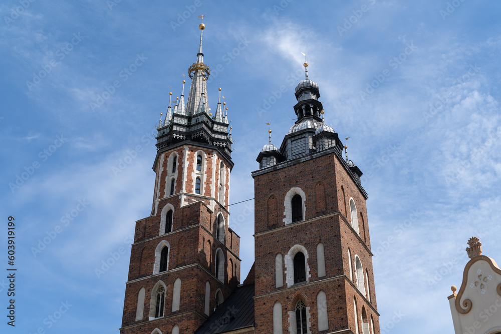 St. Mary's Basilica at the Main Market Square in the Old Town district of Krakow, Poland. Bazylika Mariacka Kraków, Kościół Mariacki church in Cracow.