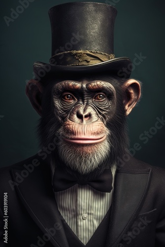 Chimpanzee in top hat and tails half - length front view, gradient background