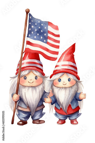 Couple of Patriotic Old Gnomes, Watercolor Clipart created with Generative AI Tools © va0z