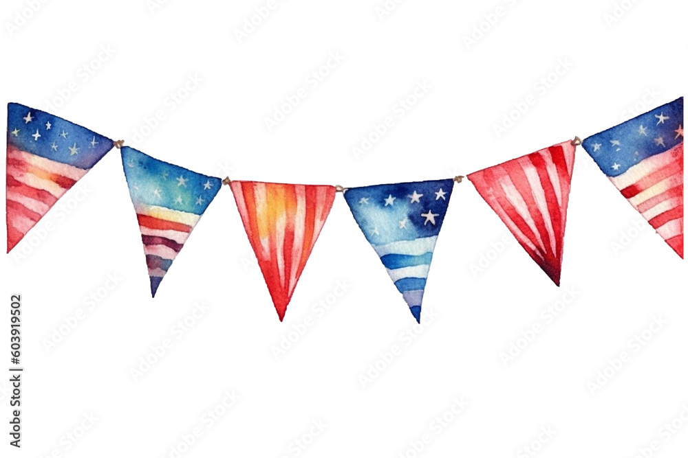 American Flag Garland, Watercolor Clipart created with Generative AI
