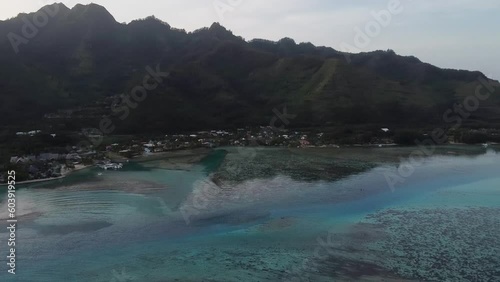 Aerial video of the coast of the island of Mo'orea in French Polynesia at sunrise