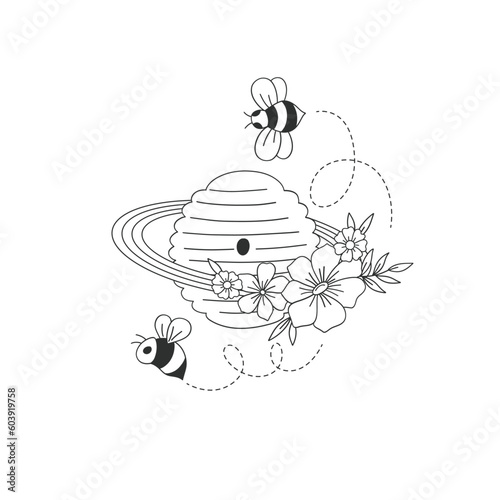 Linear floral cosmic beehive planet vector illustration. Decorative whimsical Saturn hive with bloomy rings and bees. Groovy aesthetic honeybee blooming space colouring page design