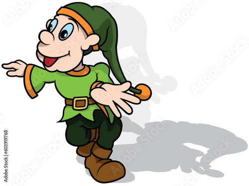 Forest Leprechaun in Green Clothes with a Long Cap with an Orange Pompom