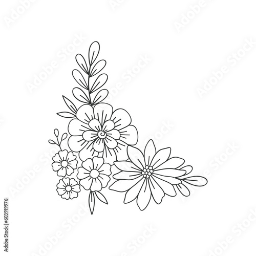 Linear flower arrangement Retro 70s 60s Groovy Hippie Flower Power vibes vector illustration isolated on white. Boho Summer retro colouring page floral bouquet print.