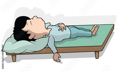 Black-haired Boy in Pajamas Sleeps on a Bed without a Blanket