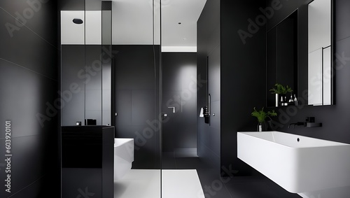 A modern black bathroom interior. Imagine sleek  contemporary design elements seamlessly blending together to form a striking and elegant space. Generative Ai