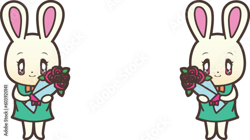 バラの花束をプレゼントするうさぎ