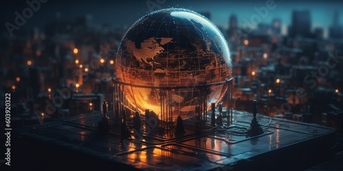 A futuristic city with a glowing globe. 3d rendering toned image, generative Ai