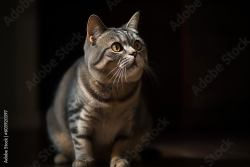 British Shorthair cat sitting on the floor. Selective focus, generative Ai