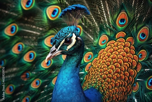 Beautiful peacock with feathers out. Beautiful peacock portrait, generative Ai