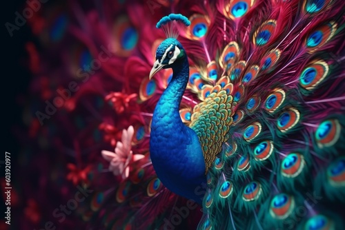 Beautiful peacock with colorful feathers on dark background, closeup, generative Ai
