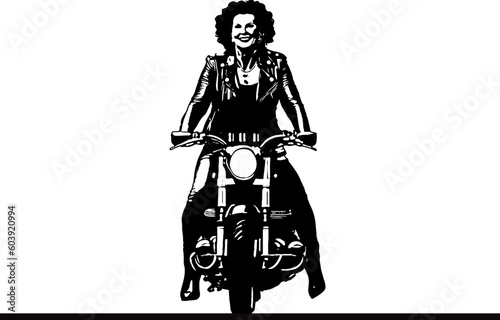 Vintage Vixen: Retro Rider Woman in a Leather Jacket on a Motorcycle Silhouette Vector Cartoon, etro Rider Woman on a Vintage Motorcycle