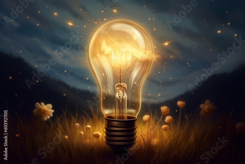 Incandescent light bulb in the field with flowers. 3D rendering, generative Ai