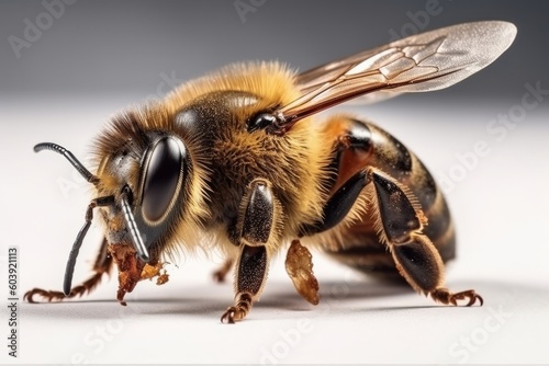 Close-up macro shot of a bee on white background. Shallow depth of field, generative Ai