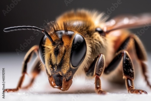 Close-up macro shot of a bee on white background. Shallow depth of field, generative Ai © Angus.YW