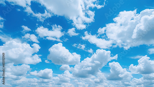 Blue sky with fluffy white clouds background  Generative AI
