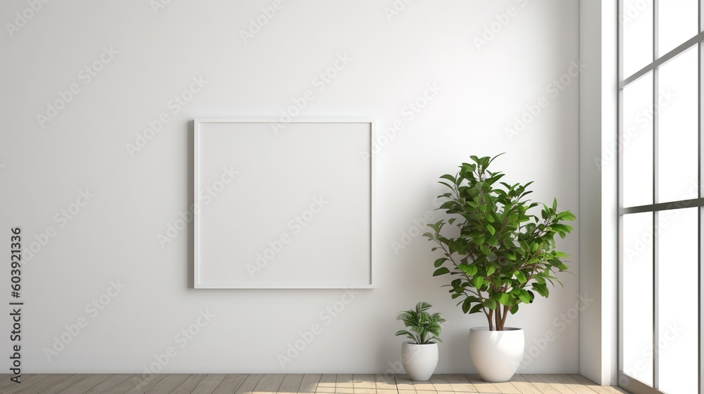 Empty white room with a picture frame and plants Empty white room with a picture frame and plants
